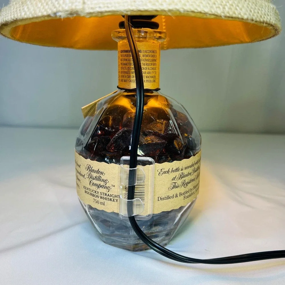 Blantons Bourbon Whiskey Bottle Lamp Upcycled Rustic Burlap Shade 750ml Decor